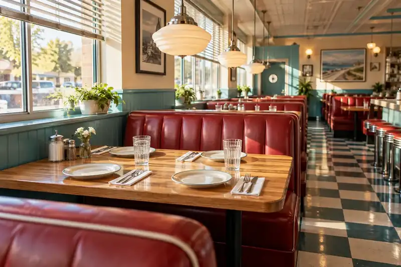 Bright family diner with red booths maple tables and teal accents
