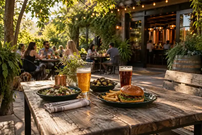 Leafy beer garden with oak tables string lights and green planters