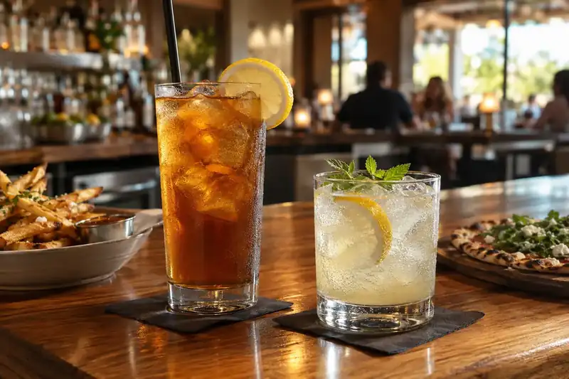 Iced lemon tea and sparkling citrus drink on the bar