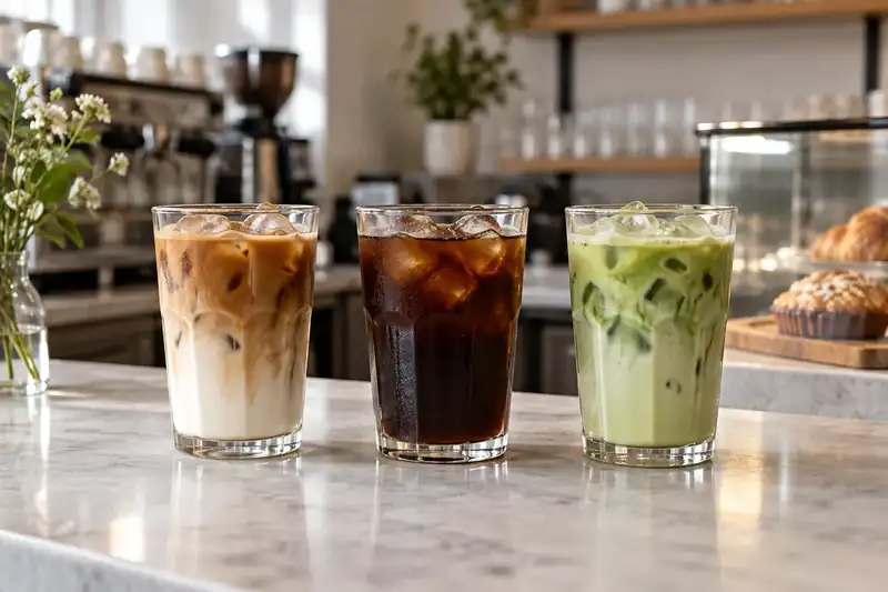 Iced latte cold brew and matcha drinks on a café counter