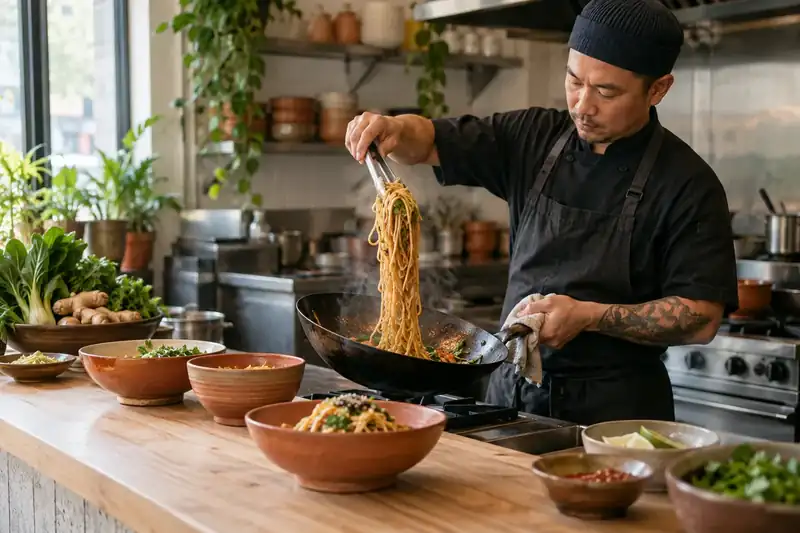 Cook lifting noodles above a wok in an Asian kitchen