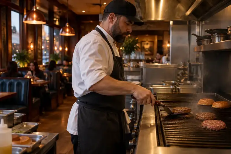 Cook turning a burger patty on a restaurant grill