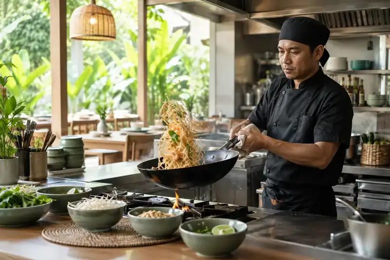 Cook tossing rice noodles in a clean Thai kitchen wok