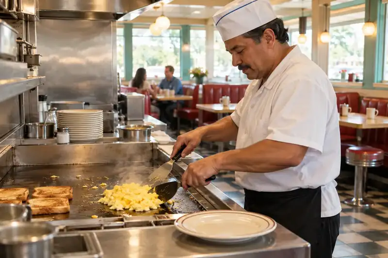 Cook preparing scrambled eggs and toast at a clean diner griddle