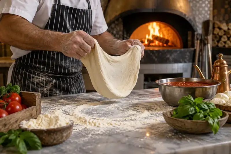 Pizza maker stretching dough beside tomato sauce and fresh basil