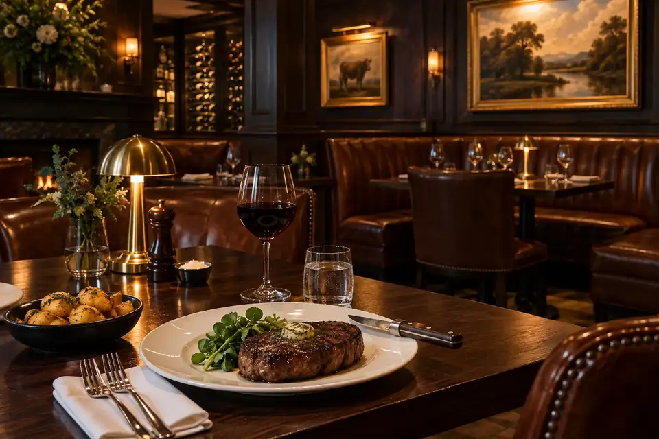 Steakhouse dining room with dark oak tables and leather booths