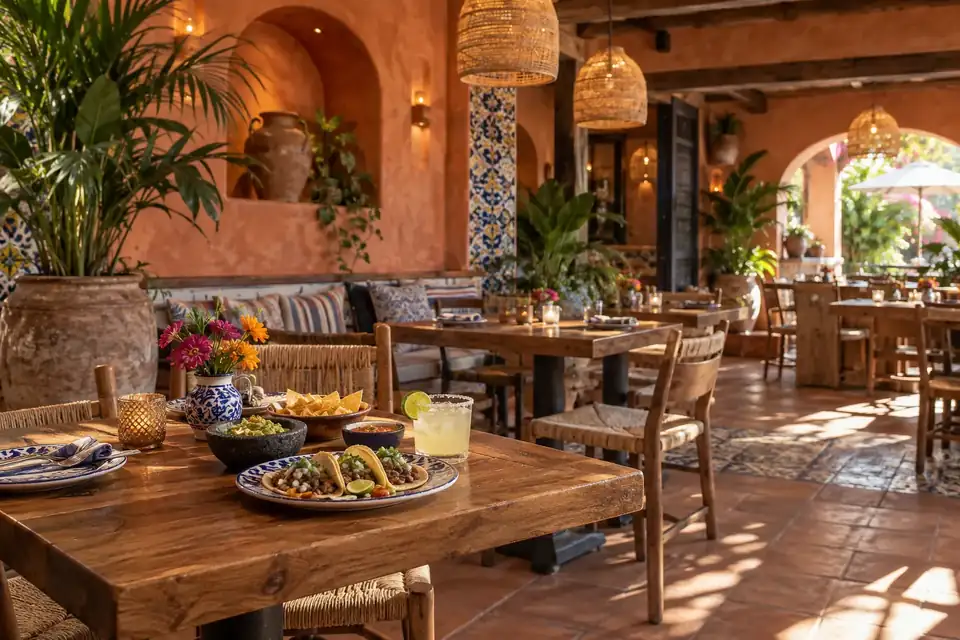 Mexican dining room with terracotta walls and woven pendant lamps