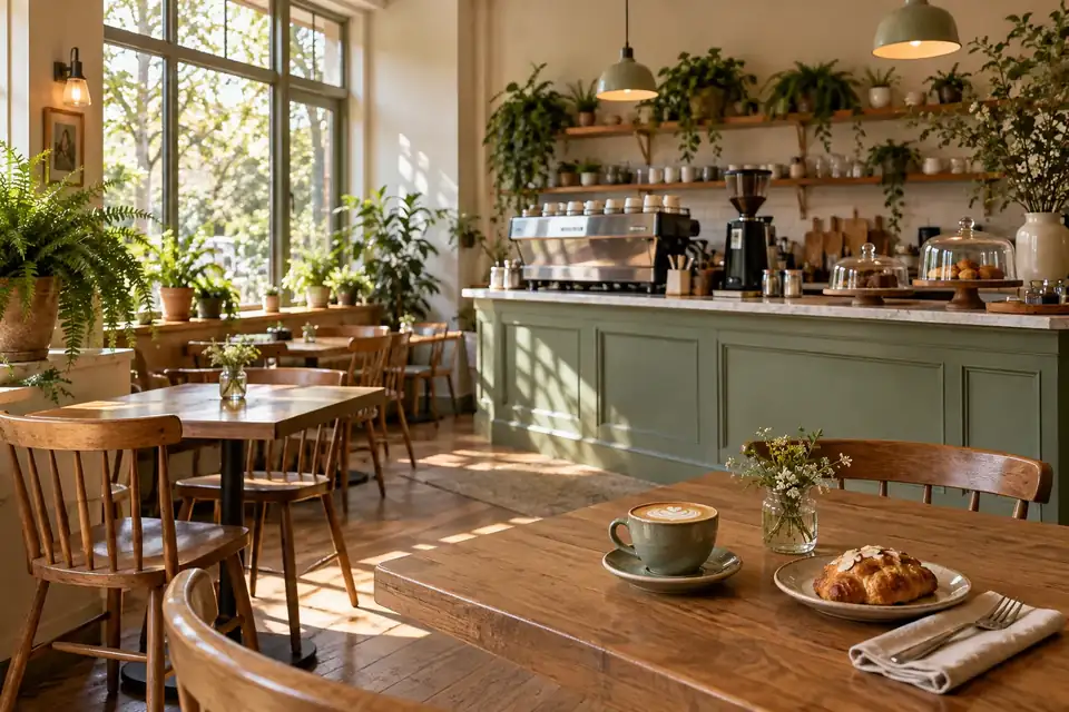 Café interior with oak tables and a sage green counter