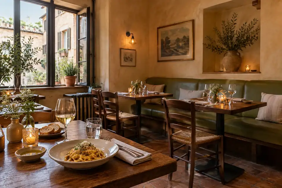 Italian dining room with wooden tables and soft window light
